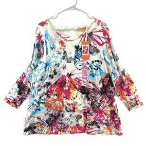 One A Butterfly Print 3/4 Sleeve Blouse Women's XXL Multicolor Spring Flight